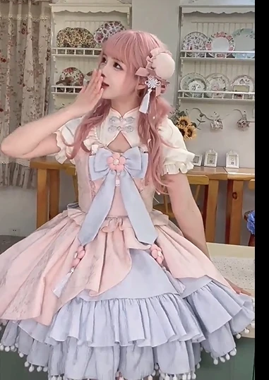 النمط الصيني لوري لو الوردي فستان بأكمام قصيرة المرأة اليابانية الحلو لطيف القوس كشكش حافة Kawaii فستان قصير الفتيات Y2k فساتين #4