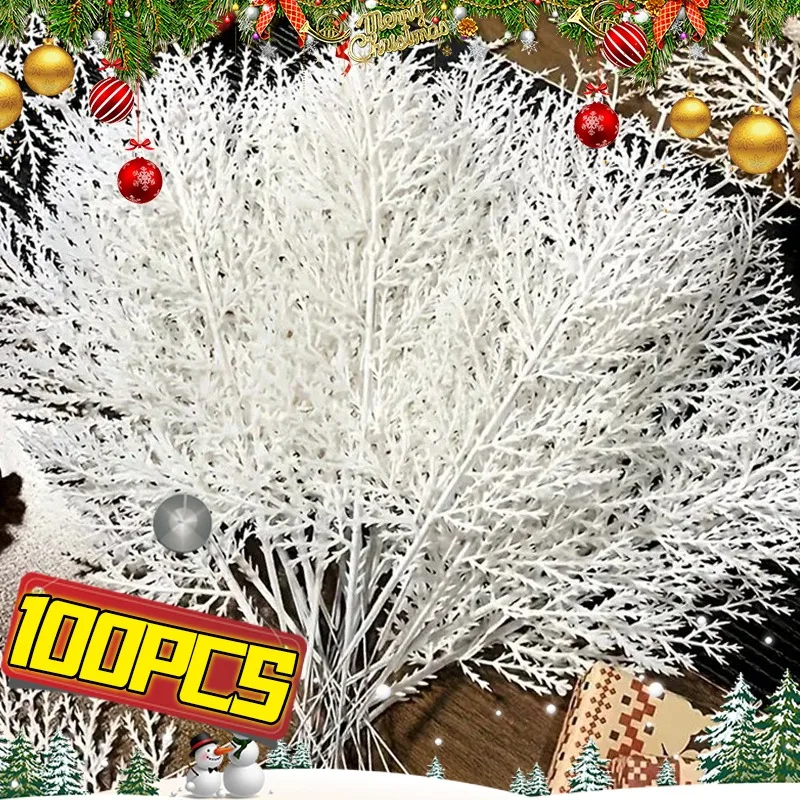 100/10PCS White Pine Needles Artificial Xmas Tree Ornaments DIY Wreath Garden Decoration Plants New Year Party Decor Supplies