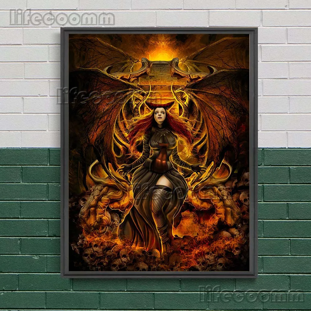 Devoured By The Fire Of Hell Vintage Wall Art Canvas Painting Skull Concert Retro Dark Art Poster And Print Home Decoration