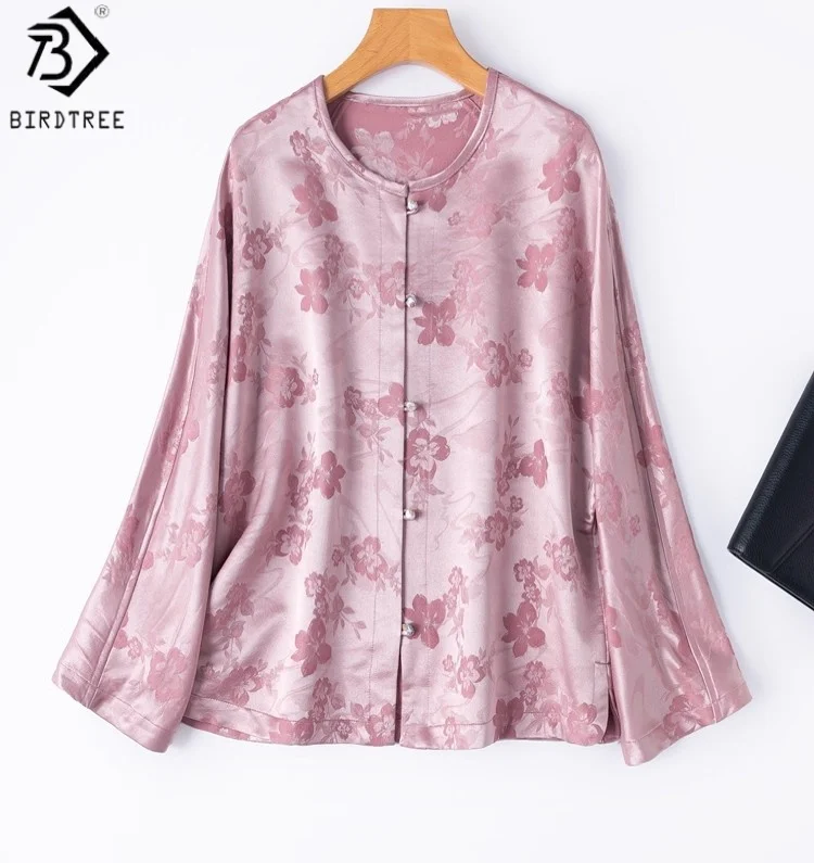 

Birdtree, 35% шелк шелковицы, 65% шерсть, блузка в китайском стиле, женская жаккардовая рубашка с двусторонней пряжкой, осенний кардиган 2025 T59847JF