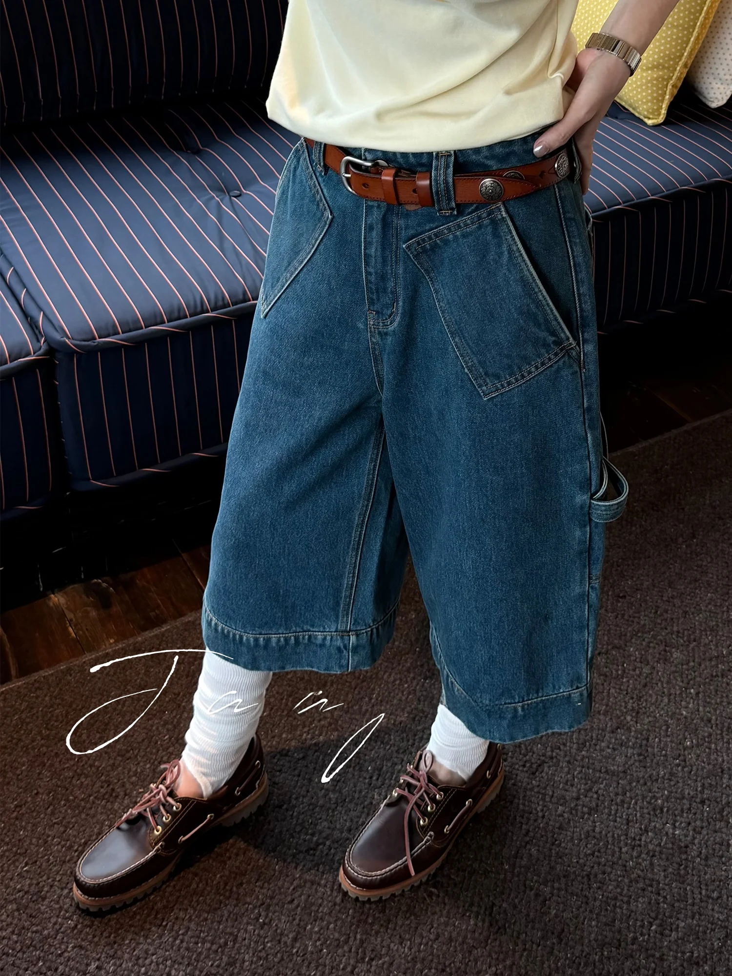 

Vintage Washed Slim Fit Straight Leg Wide Leg Casual Seven Inch Jeans Cotton Natural Waist Button Pure Color Spring Ladies