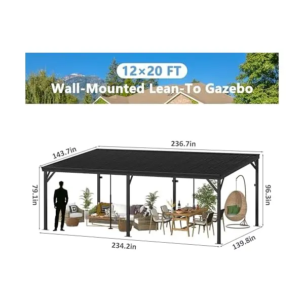 12x20 FT Wall-Mounted Hardtop Pergola with Angled Waterproof Roof • Heavy-Duty Iron Frame • Adjustable Telescopic Supports • UV-