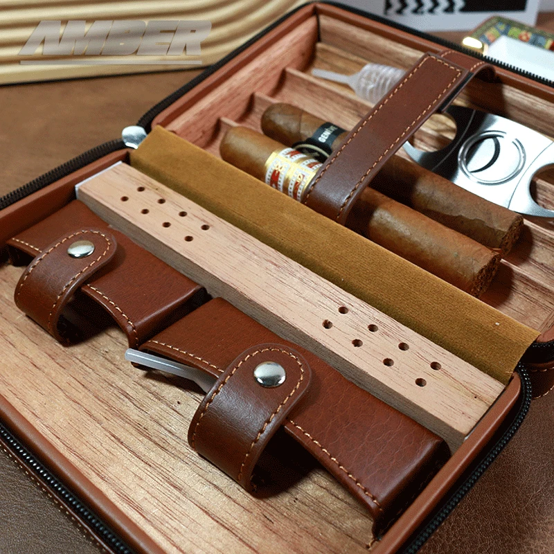 Cigar Case 4- cigars tubes Leather  Travel Portable Humidor with Cedar Wood Lined with Stainless Steel Cigars Cutter