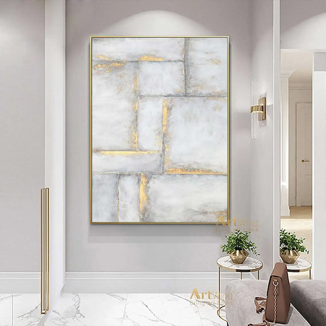 

Huge Gold Leaf Art Painting Large Abstract Painting On Canvas Gray And Gold Art White Wall Modern Painting Living Room Decor