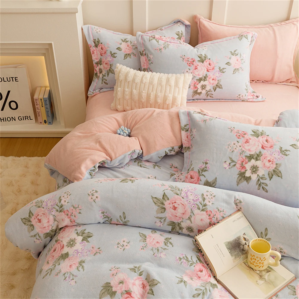 

Winter Warm Bedding Set Floral Print Milk Velvet Duvet Cover Adults Kid Comforter Quilt Cover Bed Sheet Pillowcase Home Textiles