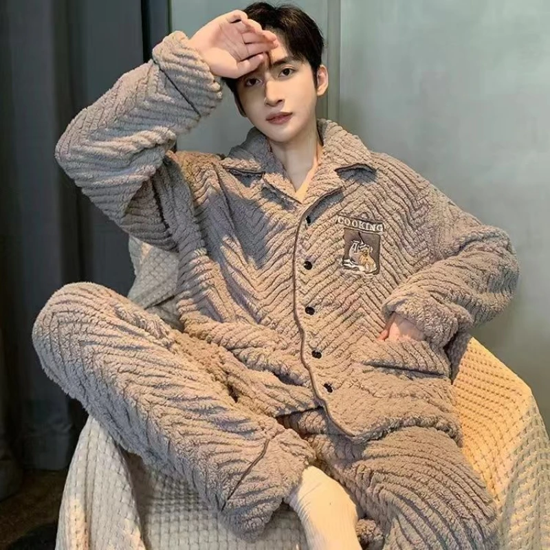 2025 New Pajama Boy Autumn/Winter Nightgown Thickened Soft Flannel Men Letter Plus-size Coral Velvet Homewear Set Sleepwear Suit