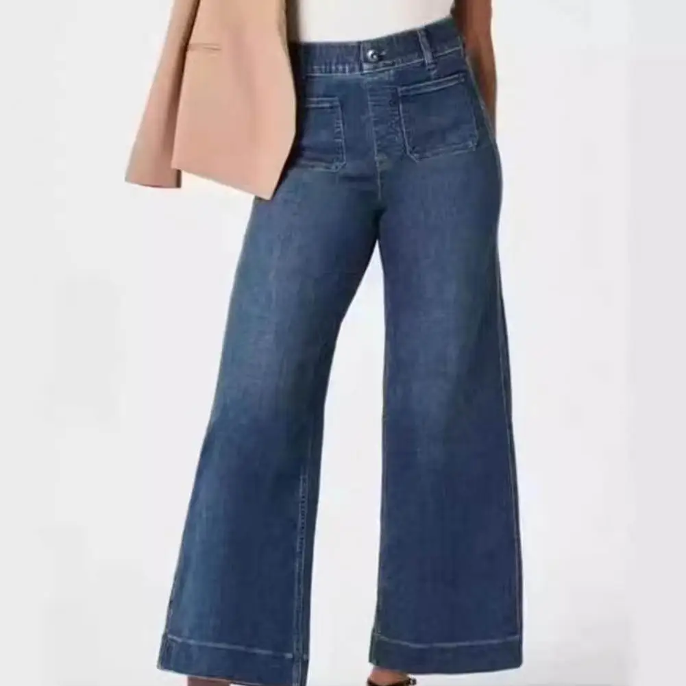 

Casual Wide-leg Denim Pants Stylish Women's High Waist Wide Leg Denim Pants with Button Closure Pockets Stretchy Fit for Commute