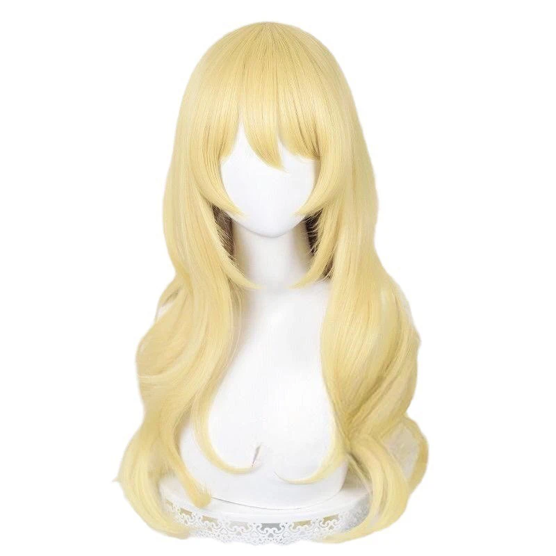 호시미야 이치고 코스프레 모델링 가발 애니메이션 아이카츠 히로인 역할 헤드기어 볼 여성 이브닝 드레스 매치 골든 롱 컬리 헤어