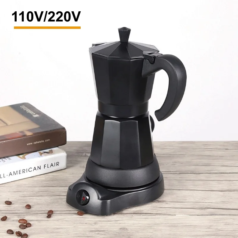 110V/220V Aluminum Electric Moka Pot Espresso Machine Fast Portable Electric Coffee Pot Home 3‑6 People Kitchen Coffee Tools