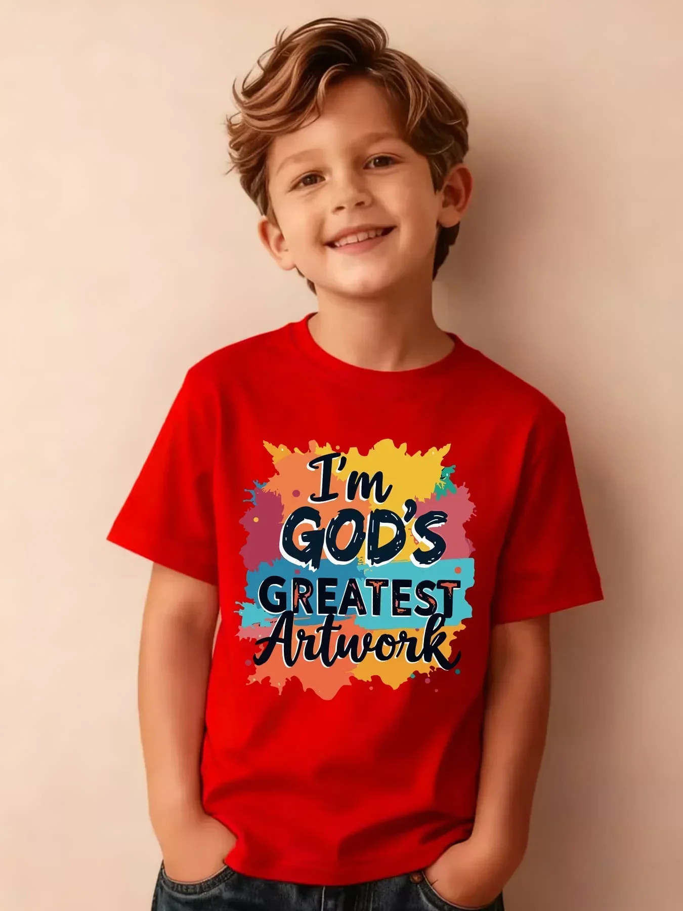Children Inspirational Christian Short Sleeve Top Color Block Paint Splatter I'm God Greatest Artwork Letter Crew Neck Black Tee