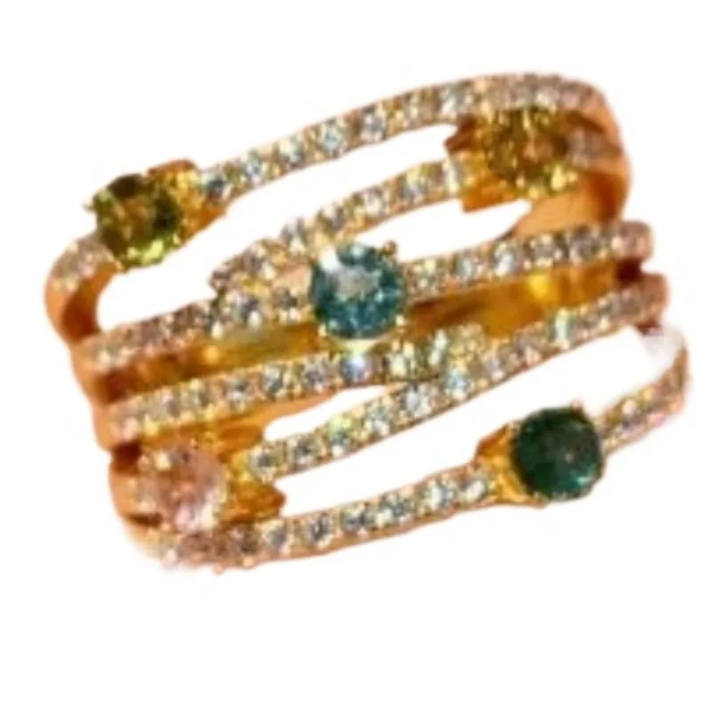 Light luxury vintage palace style multi-layer inlaid color diamond rings for women exquisite fashion hollow out ring jewelry