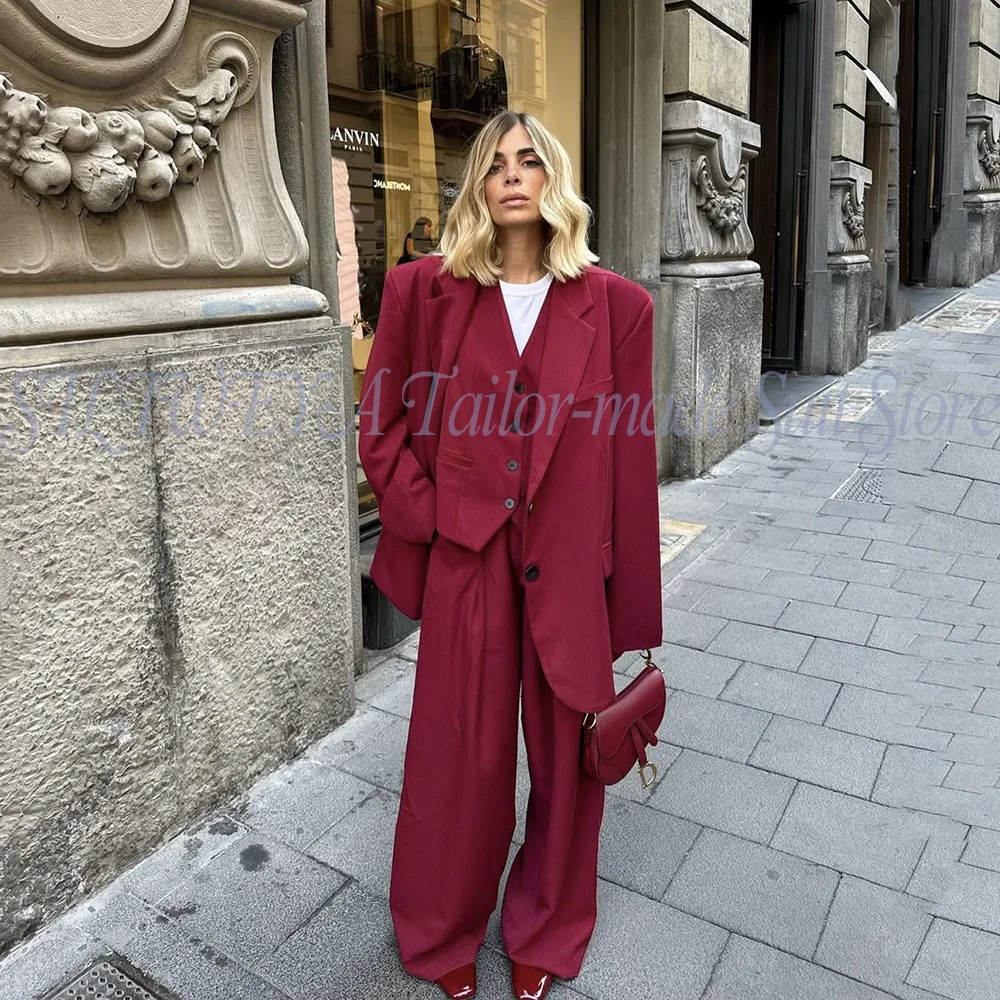 Ladies Burgundy Oversized Blazer Vest Trousers Set Street Style Casual Business Suit Fashion Women Elegant Office Commute Wear