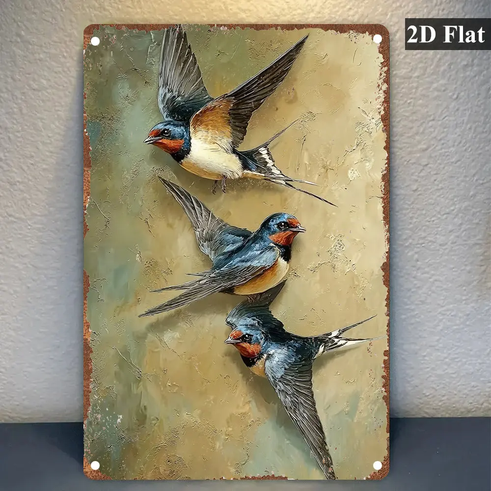 2D Flat - 1pc Vintage-Style 2D Flat Sign | Three Swallows Flying Metal Wall Decor for Home, Office, Bar, Cafe, Garage, Restau