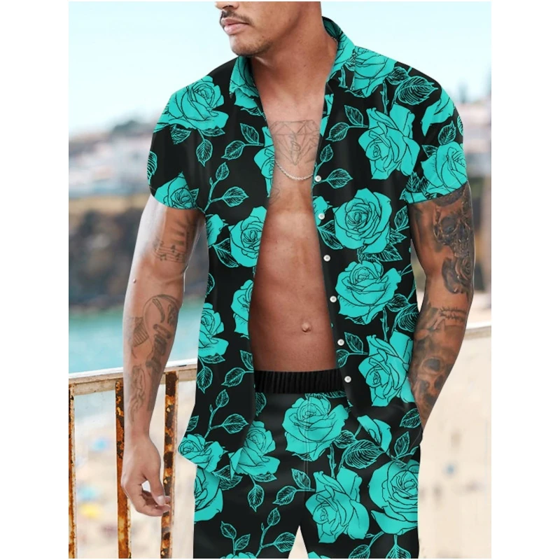 

3D Rose Printed Shirts For Men Fashion Trend Streetwear Floral Pattern Lapel Short Sleeve Beach Shirt Casual Oversized Blouse