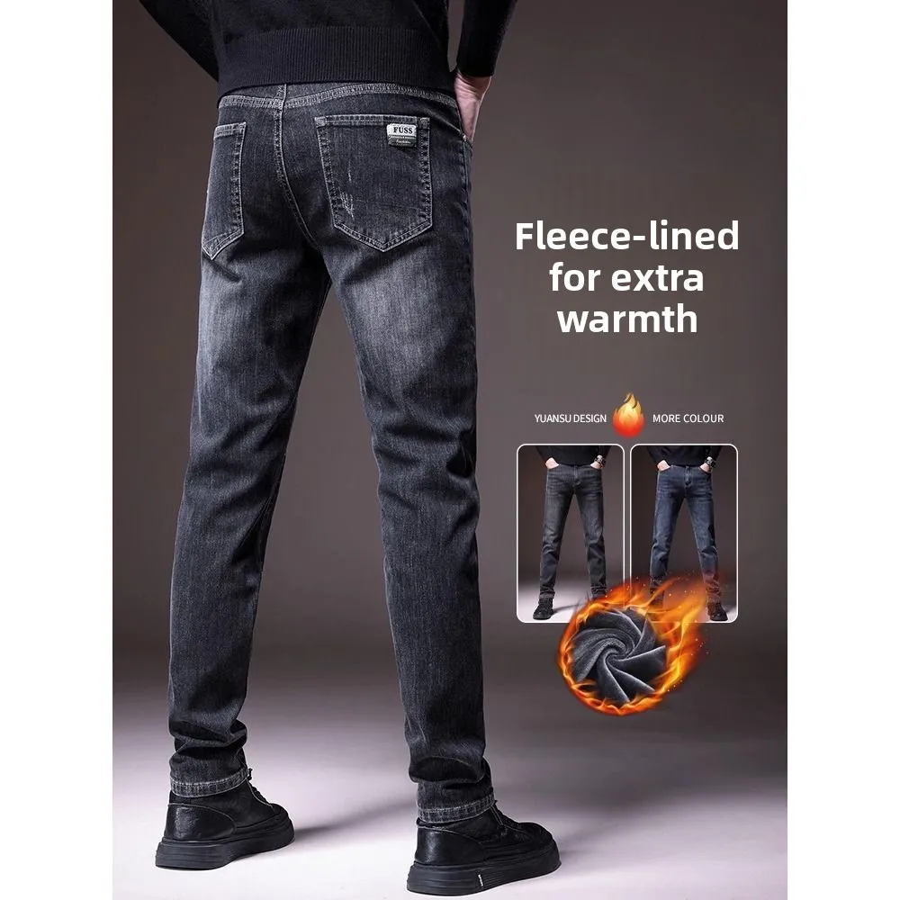

Thickened Fleece Lined Casual Straight Leg Jeans Men's Winter Spring Autumn Cotton Polyester Blend Comfortable Straight Tube ...