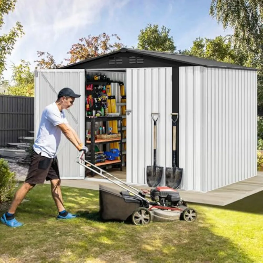 Outdoor metal storage shed 7x5ft, white galvanized steel, waterproof and heavy-duty, ideal for bicycles tools lawnmowers in bac