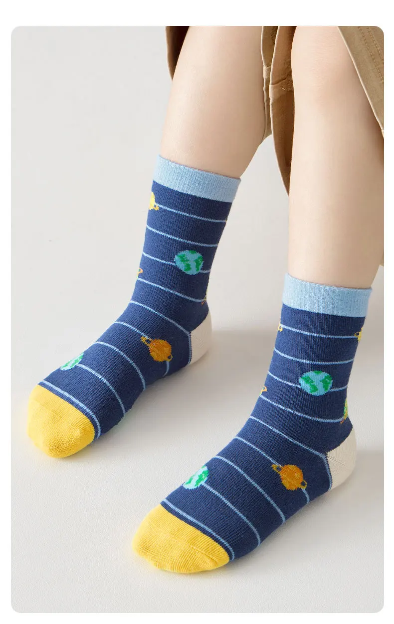 Baumwollsocken, 5 Paar, Socken für Jungen mit Cartoon-Astronauten-Motiv, Kinder-Wadensocken für Frühling und Herbst, Baby-Mädchen-Socken – Detail 8