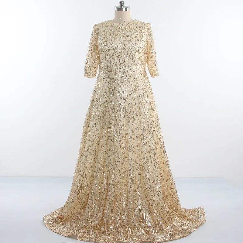 

Customized Real Photo Muslim Evening Dresses Golden Sequins Modest Half Sleeves A-line Floor Length Zipper Plus size Party Gown
