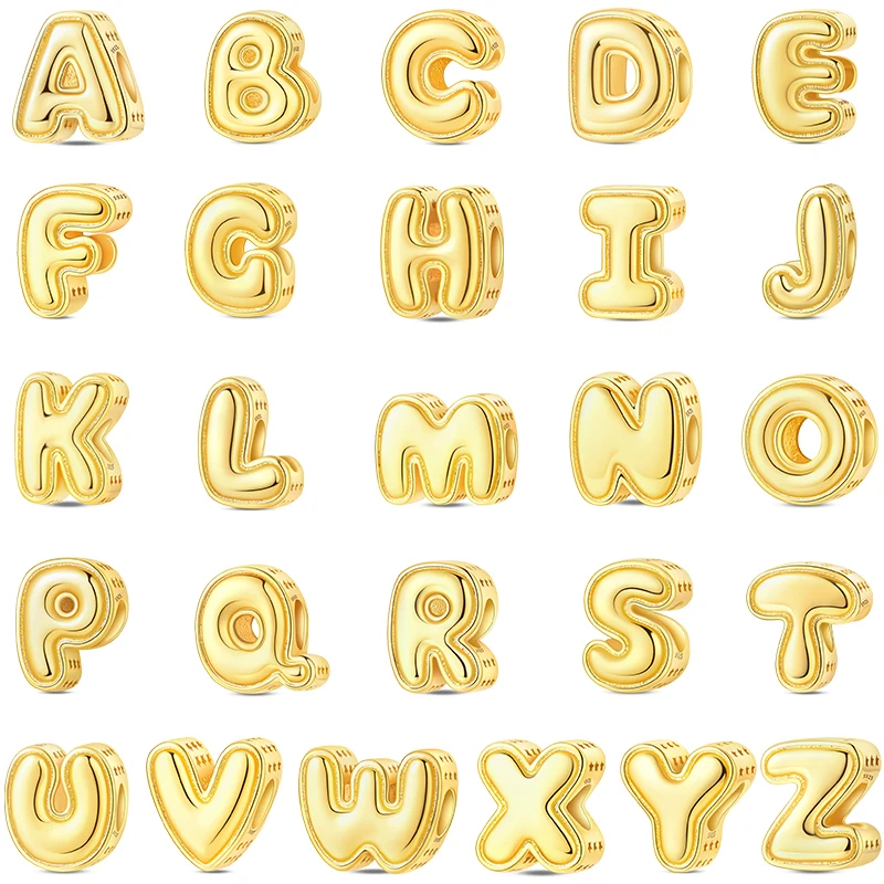 Original 925 Sterling Silver Golden 26 Letters Charms Bead Dangle For Women Fine DIY Birthday Jewelry Gifts