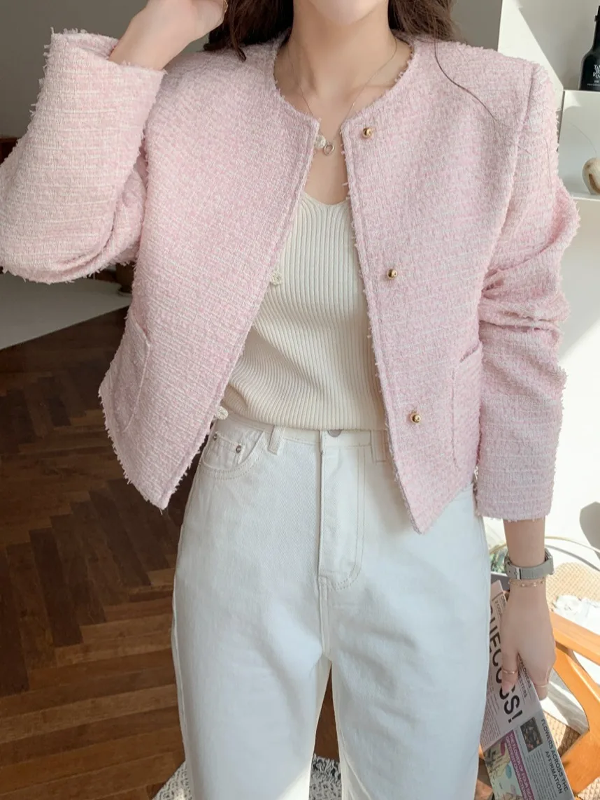 

Chic ort Coats for Women round Ne Metal Bule Thiened Fabric Spring New Sle French Sle Mixed Color Casual Outerwear