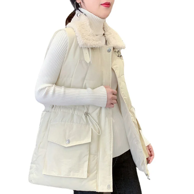 Chaleco con cuello de lana de cordero y solapa para mujer, Chaqueta de algodón de plumón de estilo coreano, Top de moda femenina, chalecos casuales cálidos