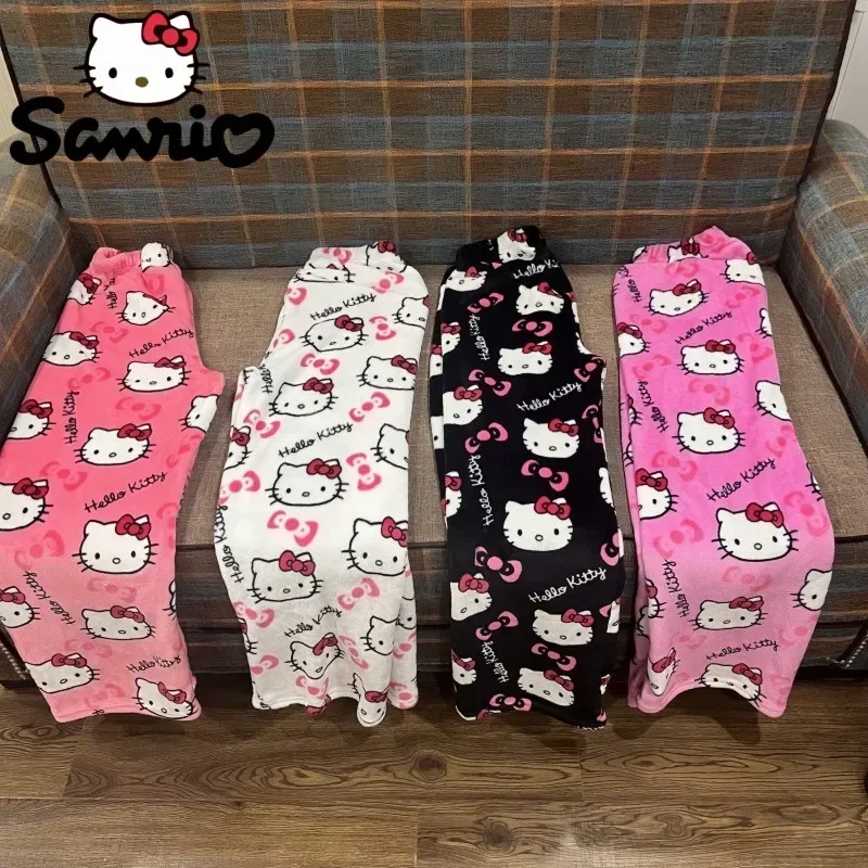 

2024 Hello Kitty Y2k Kawaii Anime Flannel Pajamas Women'S Warm Woolen Cartoon Casual Home Pants Autumn Winter Fashion Trousers