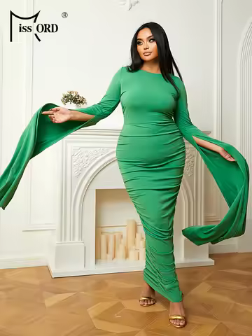 Missord PLus Size Clothing 4XL Ruched Long Sleeve Skinny Solid Color Knit Evening Dress