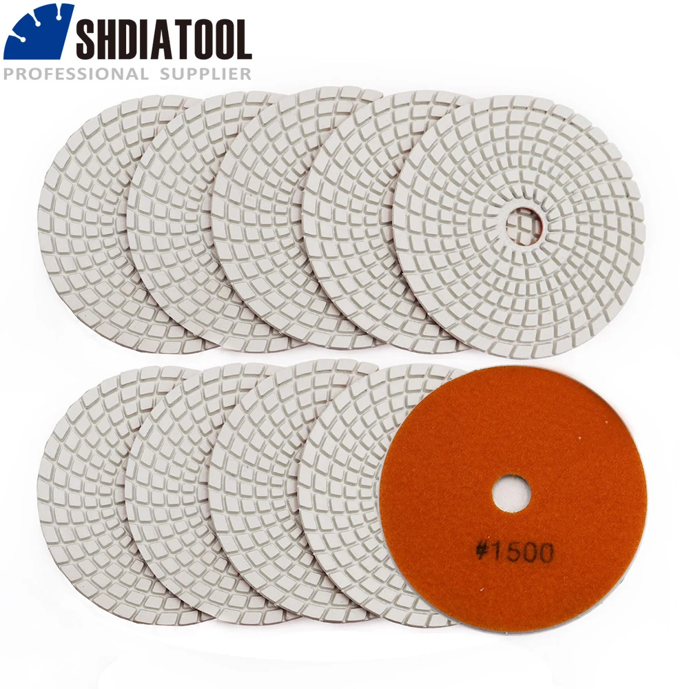 SHDIATOOL 10pcs #1500 Diamond Flexible Wet Polishing Pads Set 4inch Dia100mm White Bond Granite Marble Grinder Sanding Discs