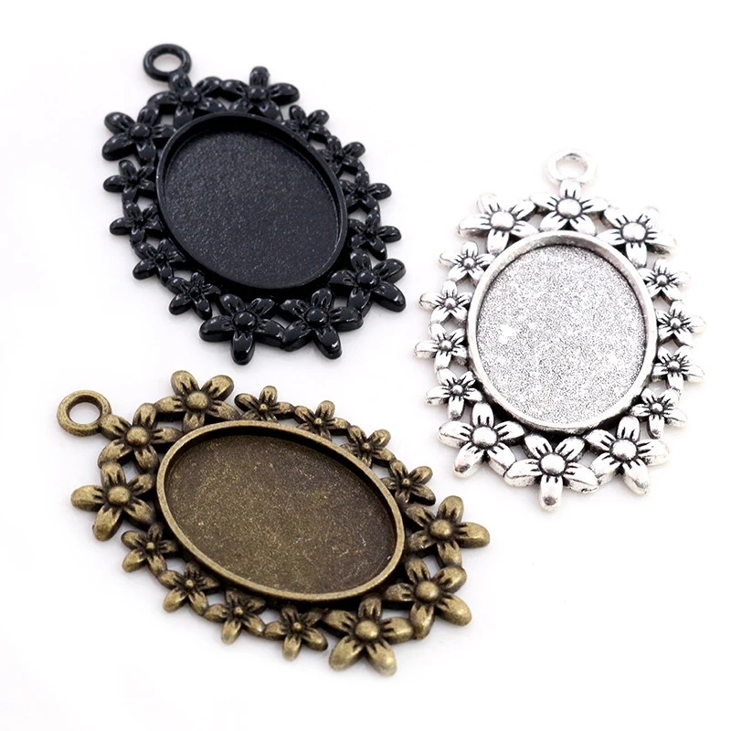 

10pcs 18x25mm Inner Size Antique Silver Plated Bronze Black Flower Style Cameo Cabochon Base Setting Pendant necklace findings