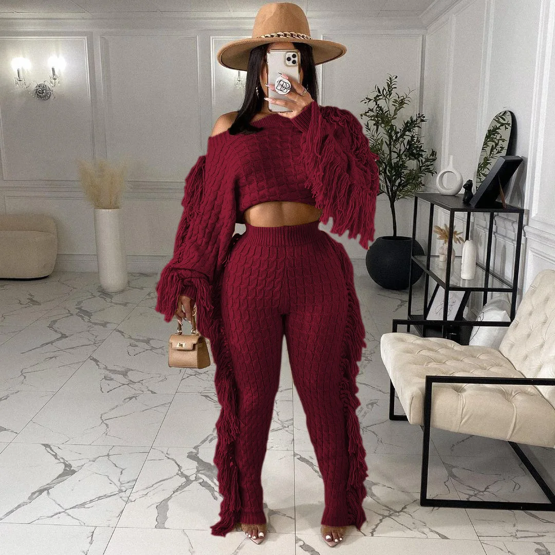 Women Sweater Knitted Pants Suit Knitting 2 Piece Set Pullover Top Trousers Ensemble Tassels Knitwear Outfits 2025 Autumn Winter