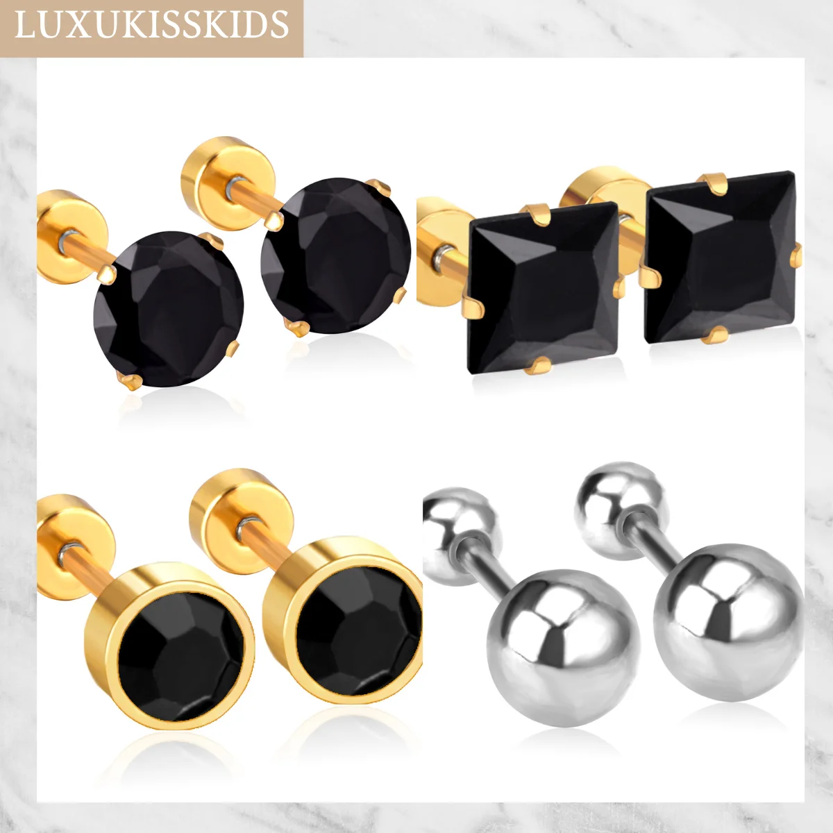 LUXUKISSKIDS 3/4/5/6/7MM piccoli orecchini a bottone sfera rotonda bianco Cubic Zirconia pietra nera vite orecchie gioielli ragazze regali