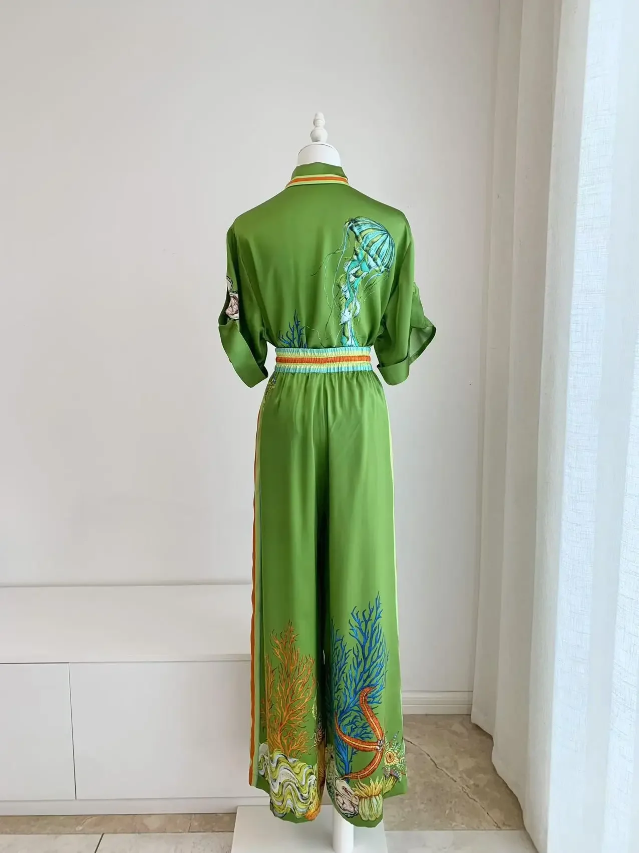 Kemeja sutra 100% wanita hijau motif cetak lengan pendek kemeja modis+celana panjang celana lebar celana lurus setelan wanita