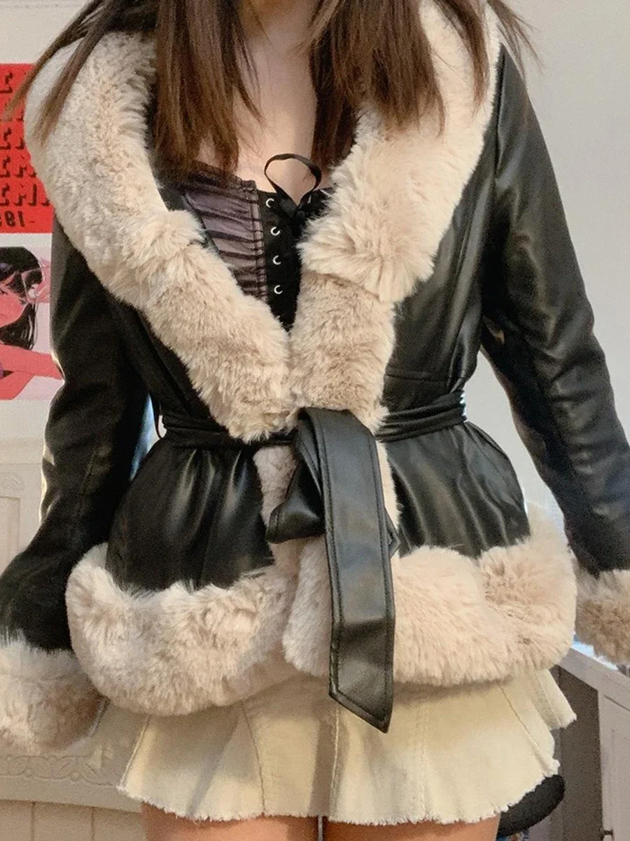 Women Faux Leather Jacket Faux Fur Long Sleeve Open Front with Furry Collar Short Parka Coat Warm Cardigan with Belt