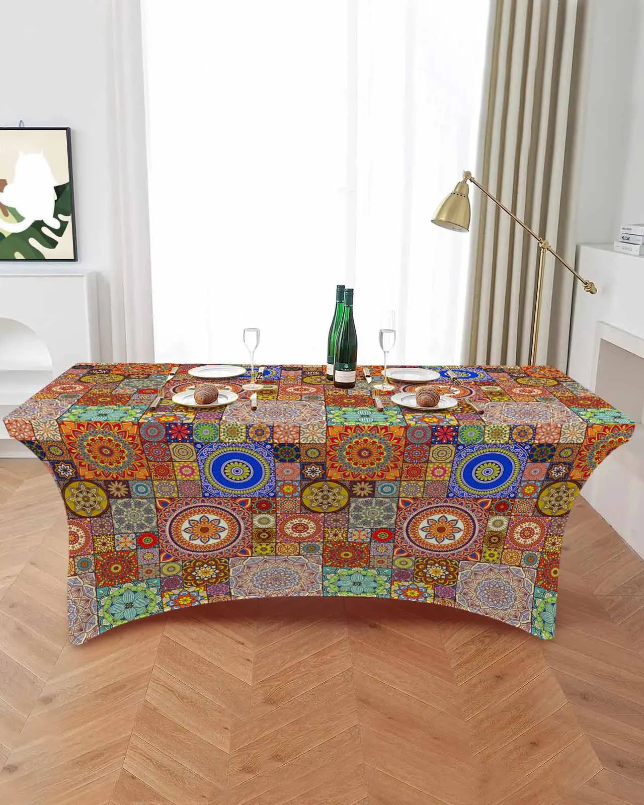 Ethnic Style Geometric Egyptian Morris Pattern High Stretch Tablecloth Wedding Party Decor Print Table Cover Outdoor Table Cloth