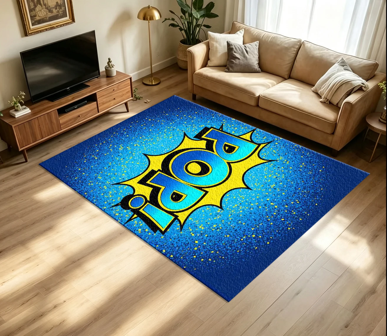 Comic Boom Pop Explosion Text Carpet Flooring Retro Pop Art Blue Yellow Graffiti Burst Graphic Art Pattern Printed Floor Rug for Household Indoor Stylish Home Decor