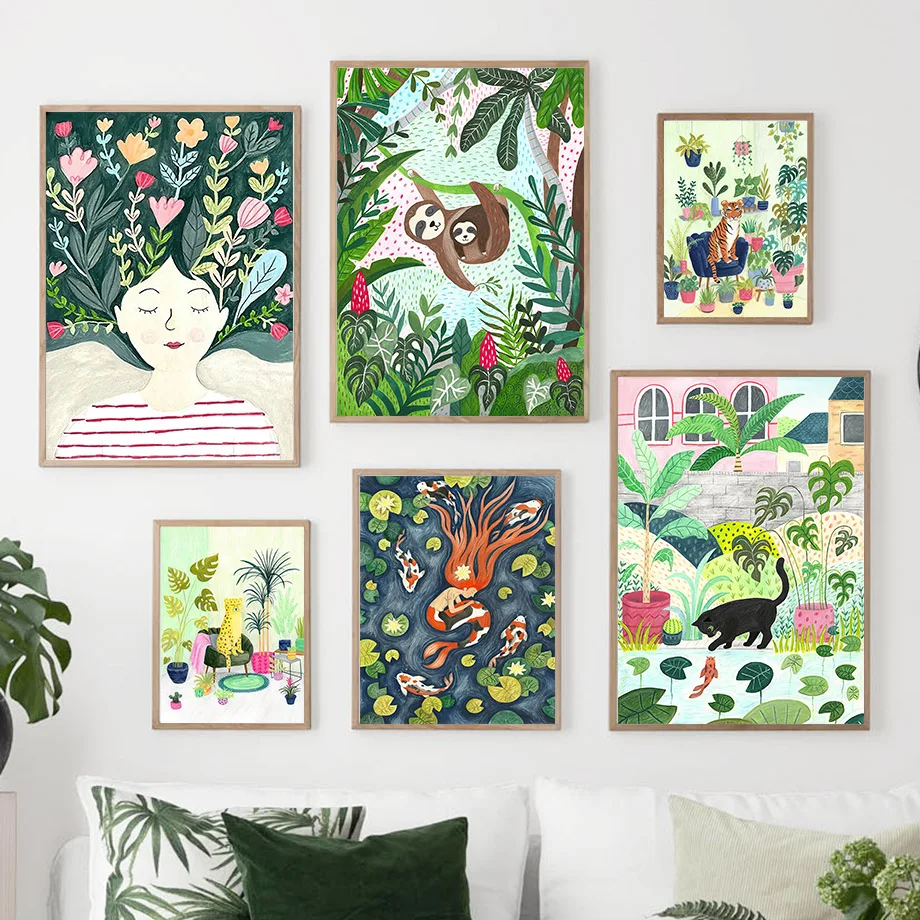 Abstract Cartoon Jungle Animals Koala Bear Tiger Cat Wall Art Aesthetics Print Canvas Painting Posters for Living Room  Decor