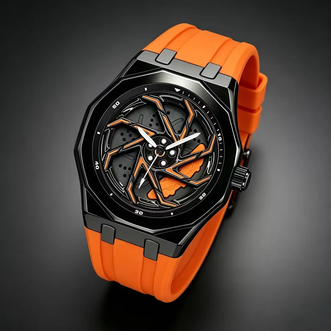 Fashion Men's Spider Quartz Watch with Rotating Car Wheel Dial Waterproof Rubber Strap Sports Watch Men's Stylish Gift