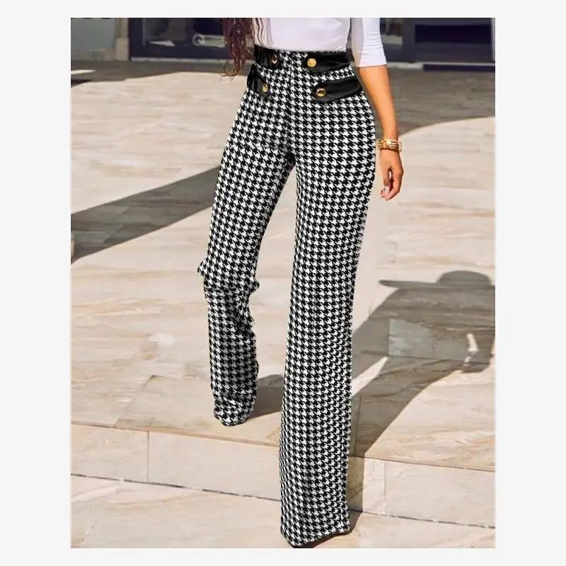 

Autumn Winter Mid-Waist Fashionable Plaid Slim Fit Casual Pants Bell Bottoms Versatile Long Trousers for Women
