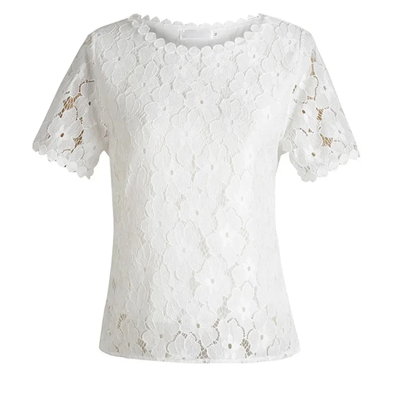Women\'s Short Sleeve Lace Blouse, O-Neck Tops, White Shirt, Summer Clothing, New Fashion, D710 30