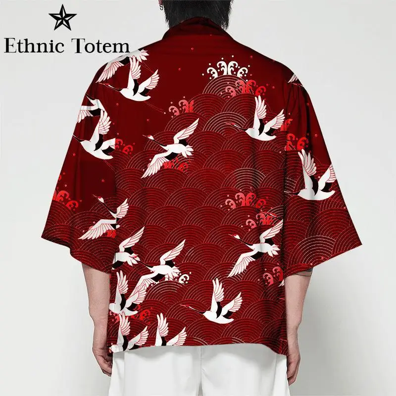 Retro Crane Printing Kimono for Men Women Harajuku Cape Japanese Style Yukata Cardigan Robe Summer Asian Traditional Clothes