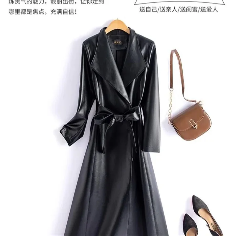 Autumn Winter New High Quality PU Leather Coat Women medium to long Slim Suit Collar Leather Jacket Female's Windbreakers Coat