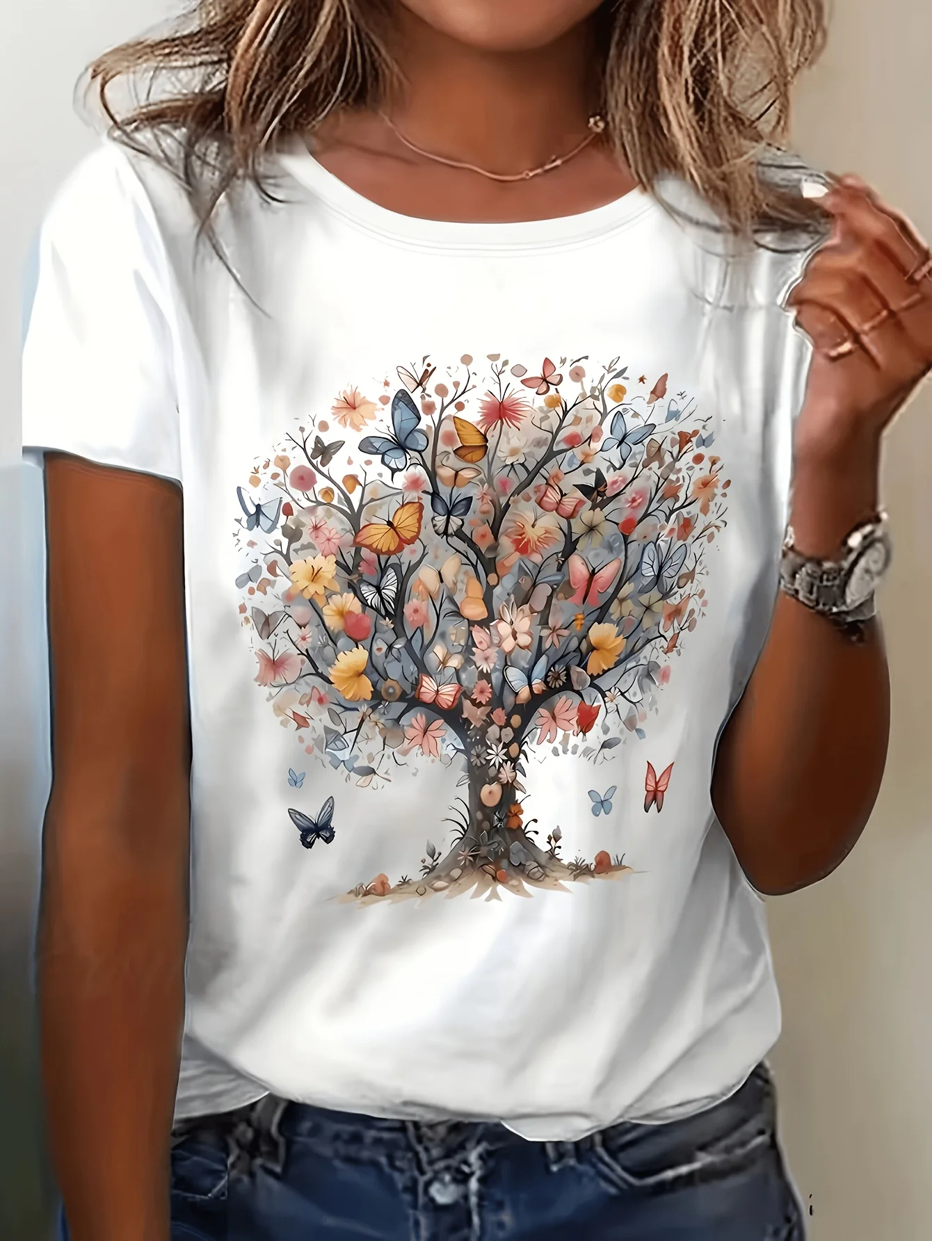 Women's Multicolor Butterfly Floral Tree Print Round Neck Regular T-Shirt Spring Summer Short Sleeve T Shirt Vintage Clothes 90s