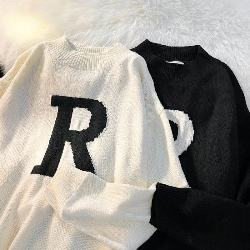 

Мужской свитшот с вышитыми буквами, повседневный, свободного кроя, вязаный, осенне-зимний, модный, уличный стиль, с круглым вырезом, с длинным рукавом