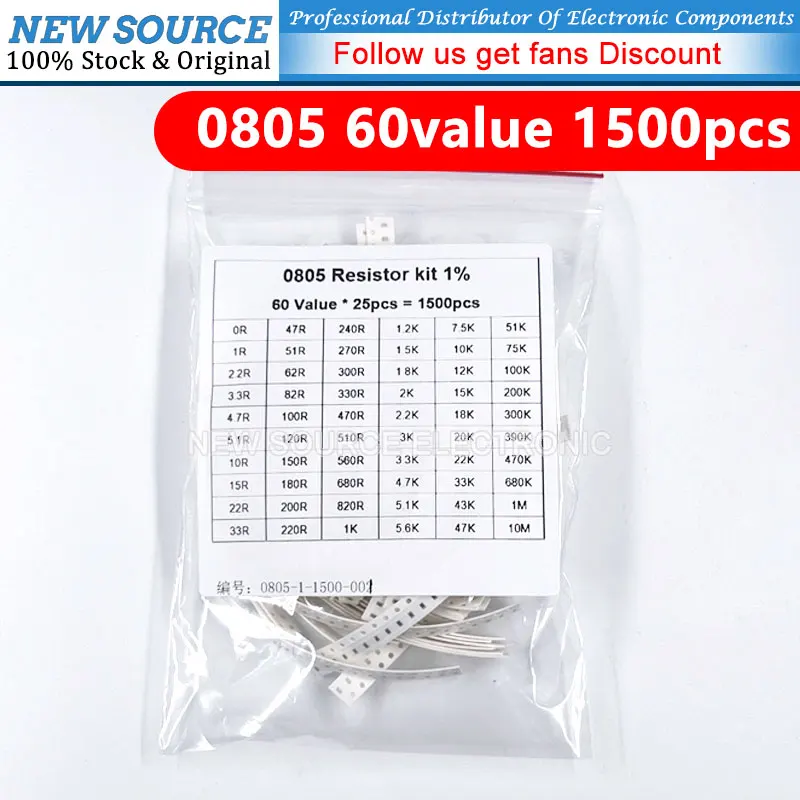 1500Pcs Set of Resistors 0805 1% SMD Chip Resistor Assorted Kit Diy 10R - 910K Ohm 60valuesX 25pcs Sample 100R 330R 4.7K 3.3K 68