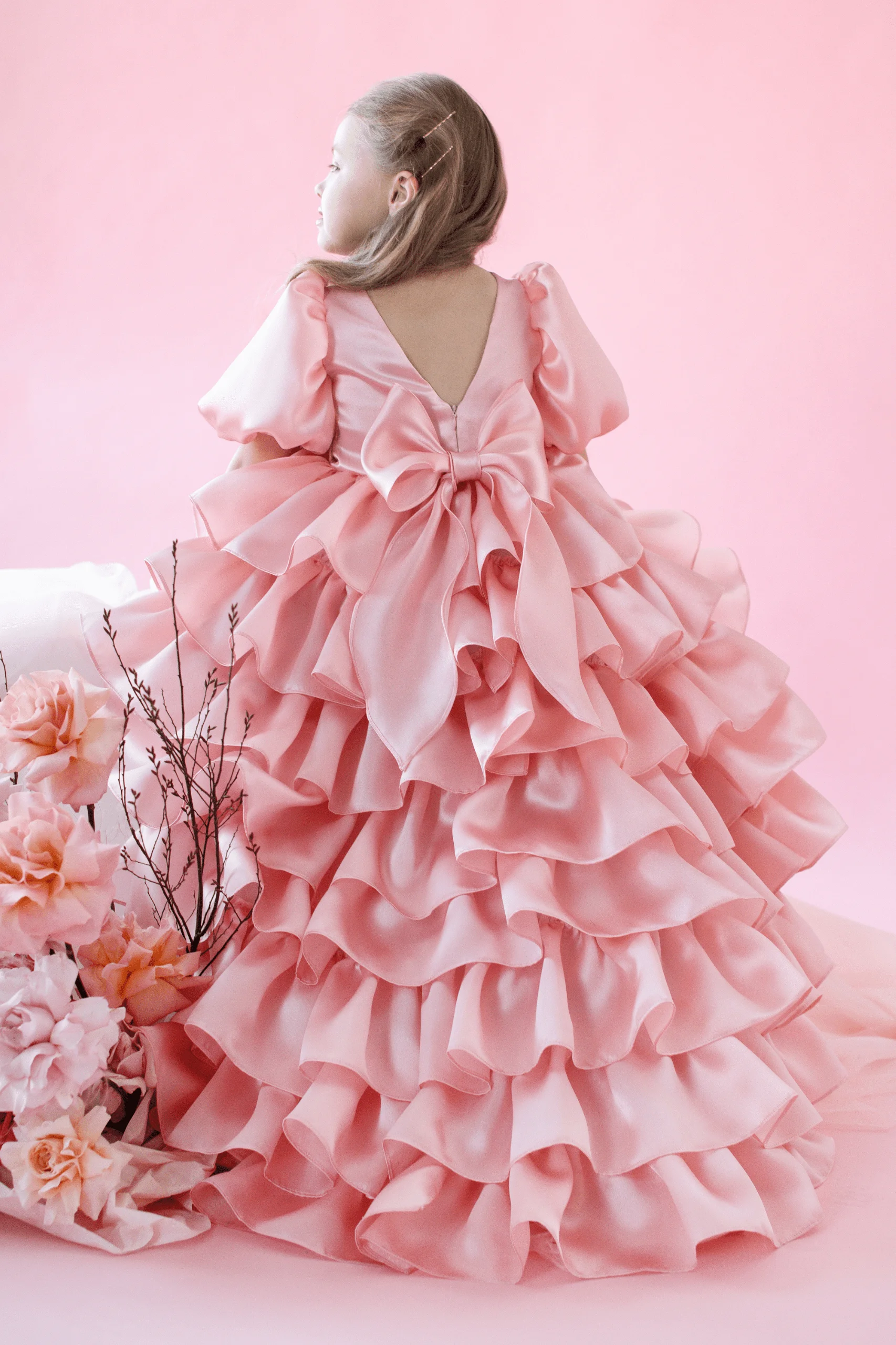 Vestido rosa elegante de flores para niña, para fiesta de boda, manga corta, bonito vestido de primera comunión con estratificación hinchada, regalo de cumpleaños para niños