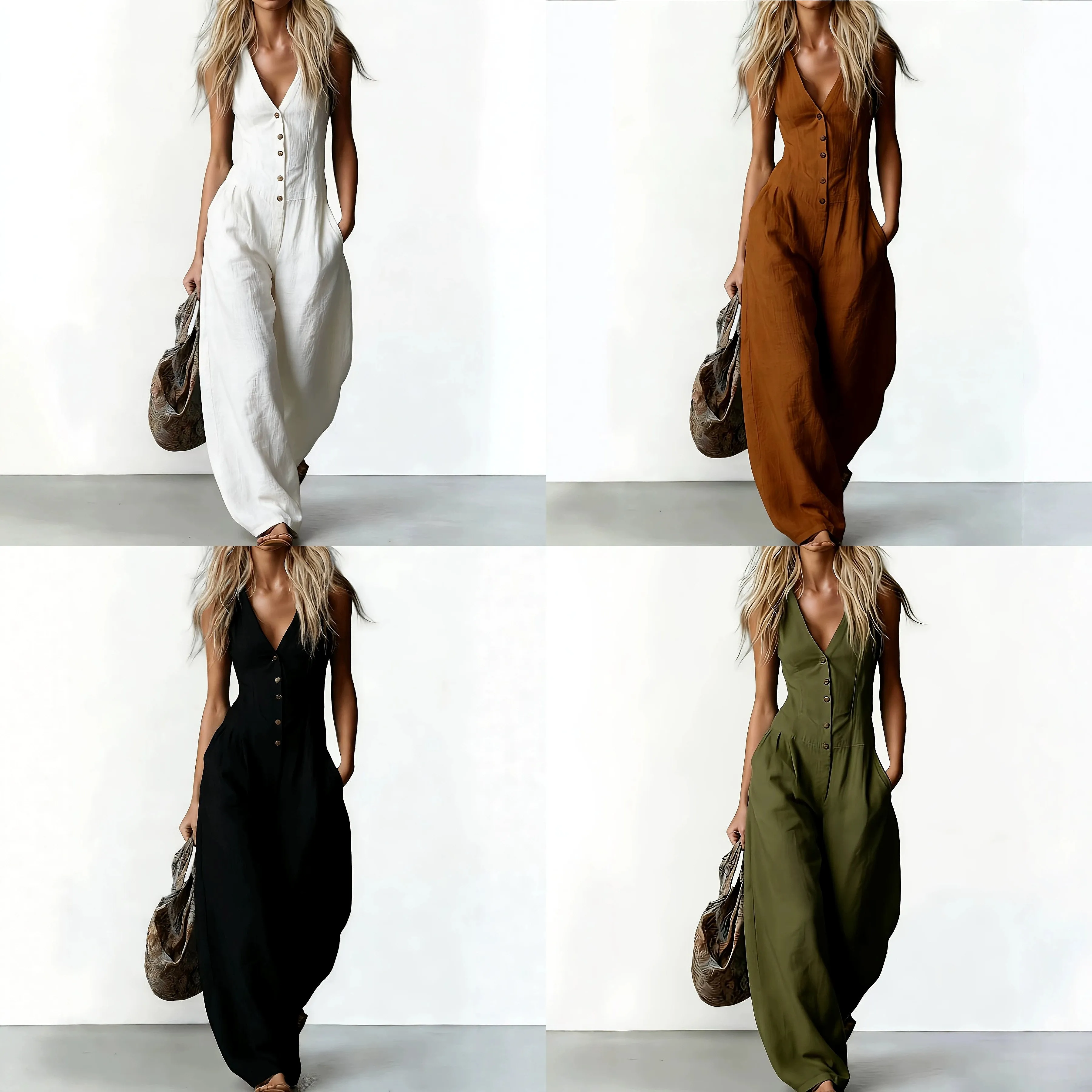 

V Neck Sleeveless Jumpsuit Women Linen Feel Overall Jumpsuits Spring Summer Casual Playsuit