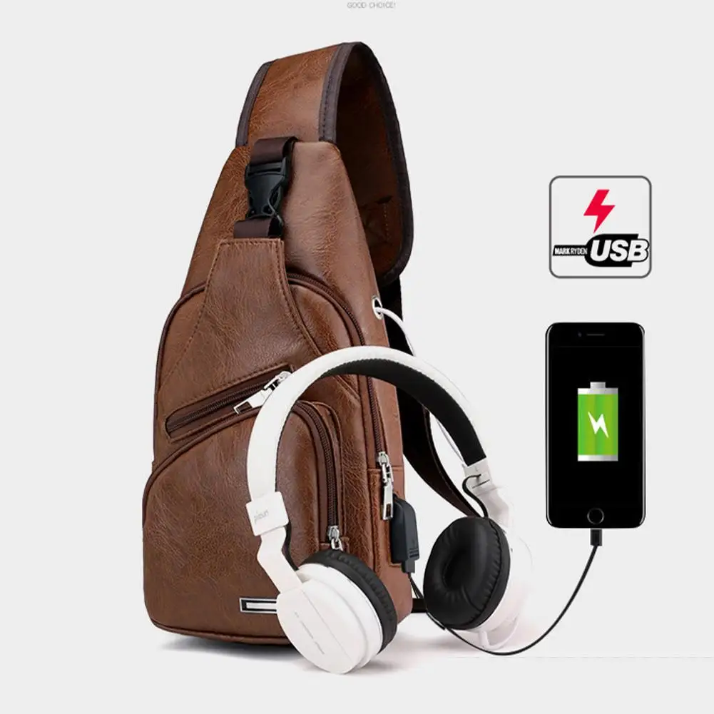 Men USB Charging Chest Bag Travel Hiking CrossBody Bag Male Messenger Bag For Men Leather Chest Pack Sling Bag P7I1