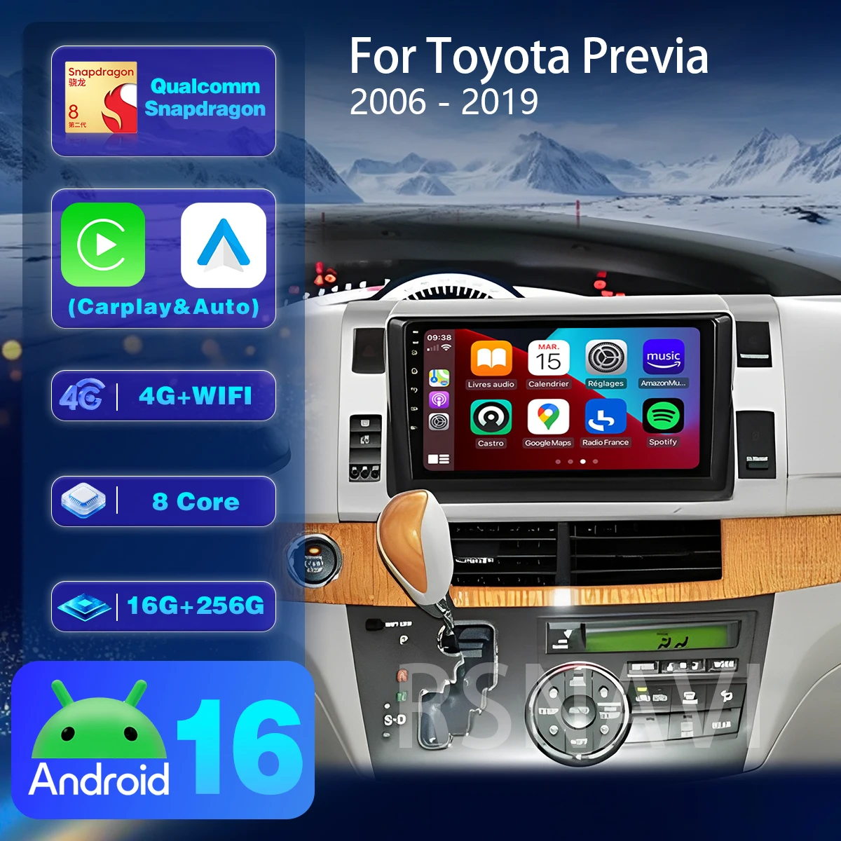RSNAVI Android 16 For Toyota Previa 3 III XR50 Estima 2006 - 2019 LHD Navigation Carplay Car Radio Multimedia Player DVD GPS