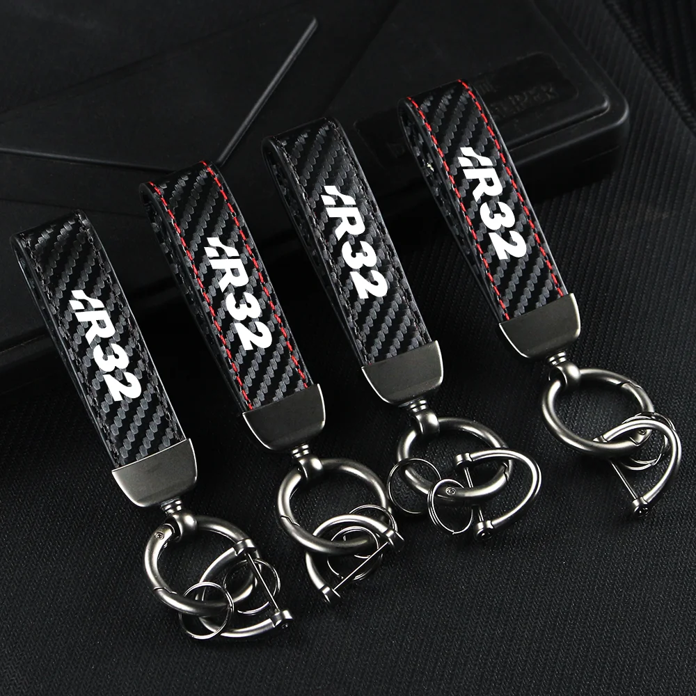 Car Keychain Carbon Fiber Leather Rope Key Chain Pendant Keyring Horseshoe Buckle for R32 R36 ROCCO SCIROCCO Auto Accessories