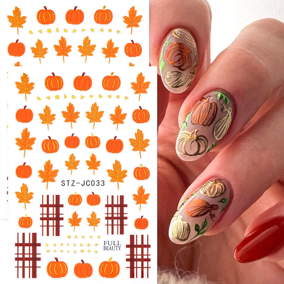 2pcs Fall Glitter Pumpkin Nail Art Stickers Orange Red Leaf Halloween Thankgiving Day Nail Decals Sliders Gothic DIY Nail Decor